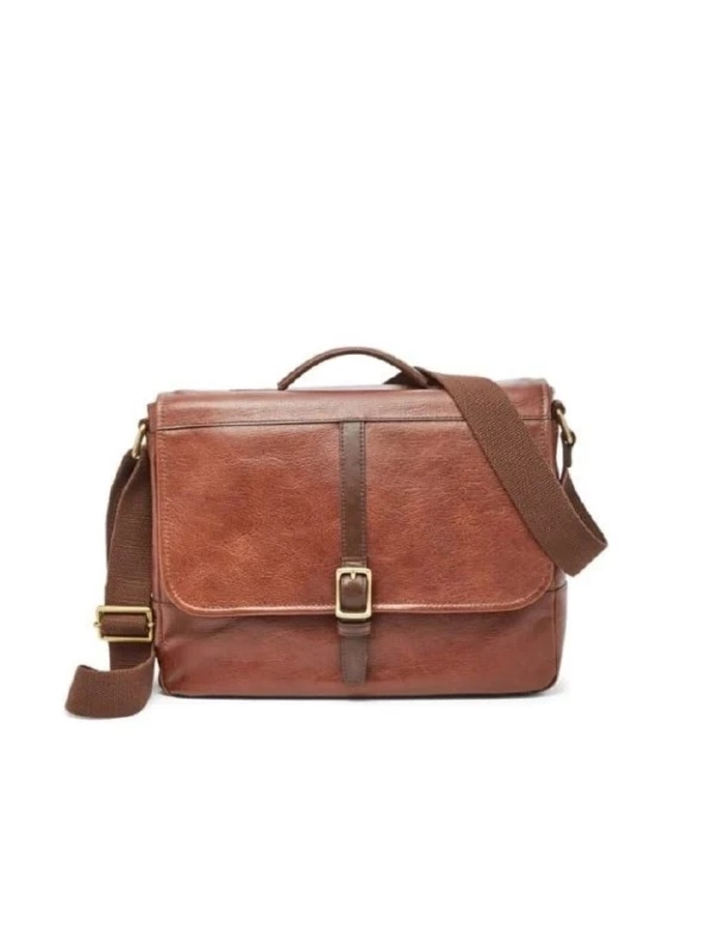 Fossil Chestnut Brown Leather Messenger Bag with Brass Buckle
